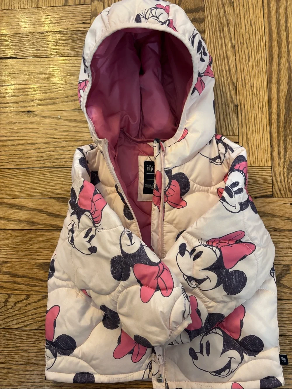 GAP Girls' Minnie Mouse Pink Hooded Puffer Jacket